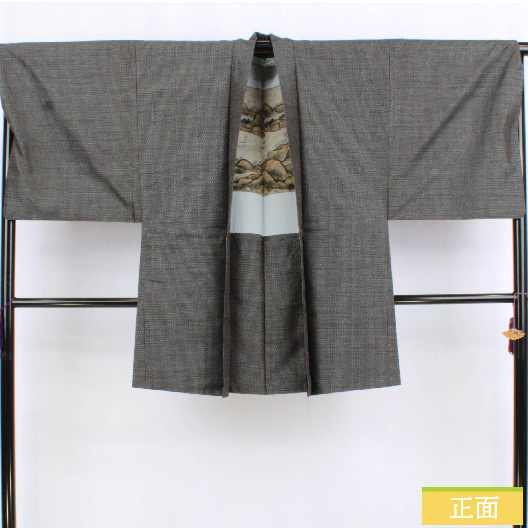 男物 正絹 Sランク 身丈90.5cm 裄丈70cm 黒鼠色(くろねずいろ) 紬地 亀甲 茶系 1119001272414