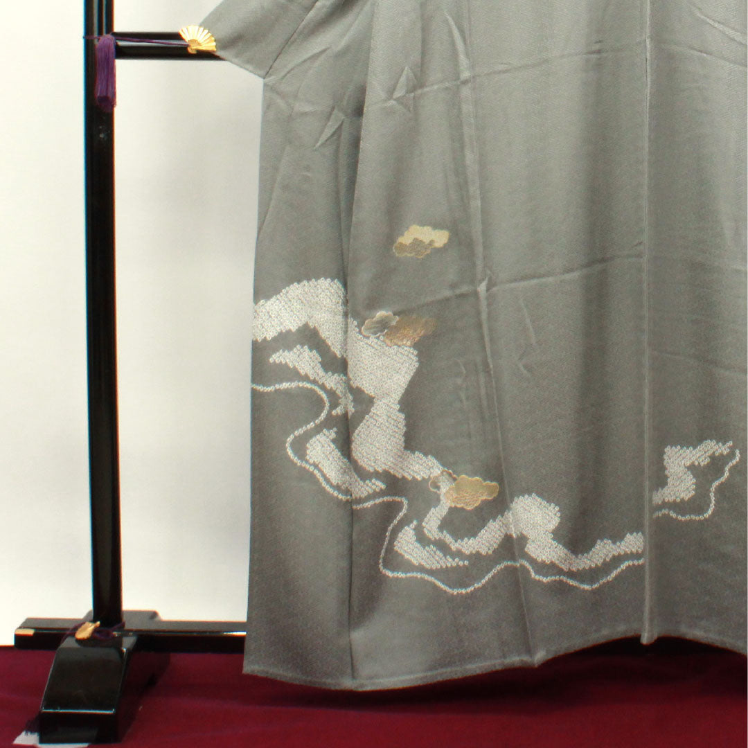 訪問着 正絹 単衣 身丈160cm 裄丈66cm 錫色 汕頭刺繡 絞り Sランク グレー系 1112003302422