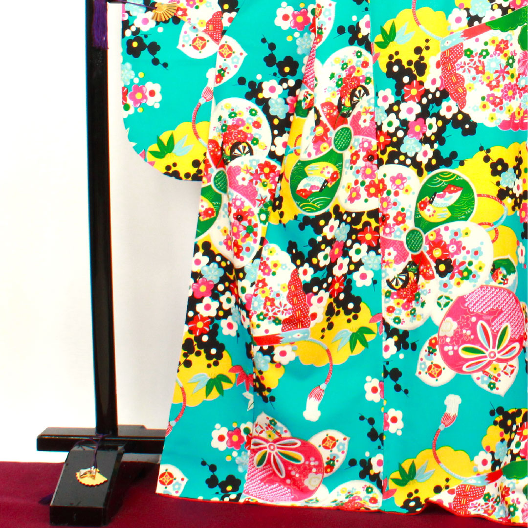 振袖 身丈170cm 裄丈70cm 袷 新橋色 洗える着物 梅 ポリ Sランク 青系 1113000982617