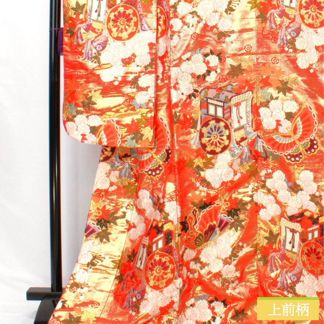 色打掛 正絹 Aランク 身丈184cm 裄丈60.5cm 唐織 蝶 草花模様 袷 朱系 1110001003916