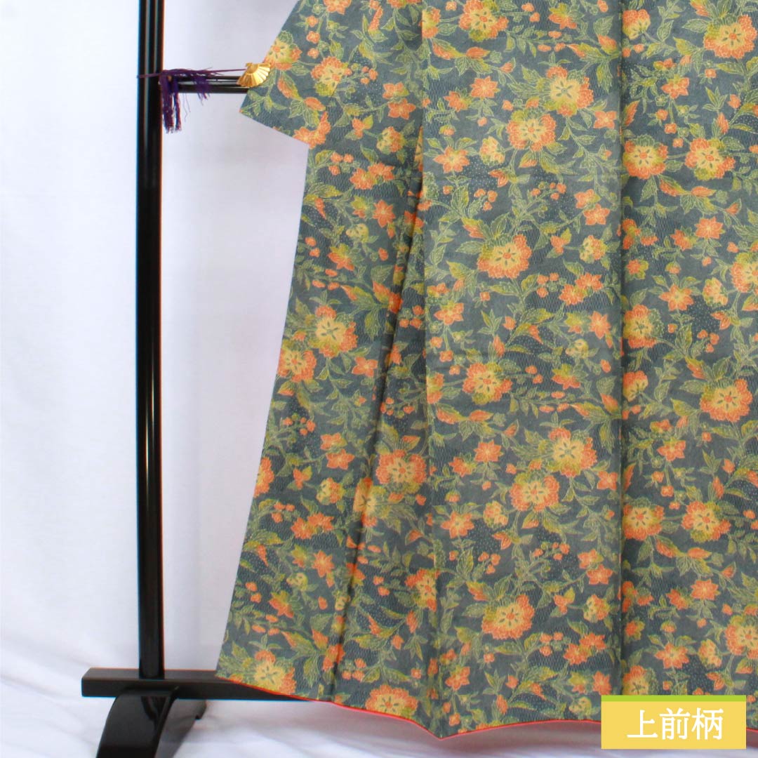 小紋 ポリエステル Sランク 身丈159.5cm 裄丈63.5cm 袷 御召御納戸色(おめしおなんどいろ) 洋花 洗える着物 青系 1115007282317