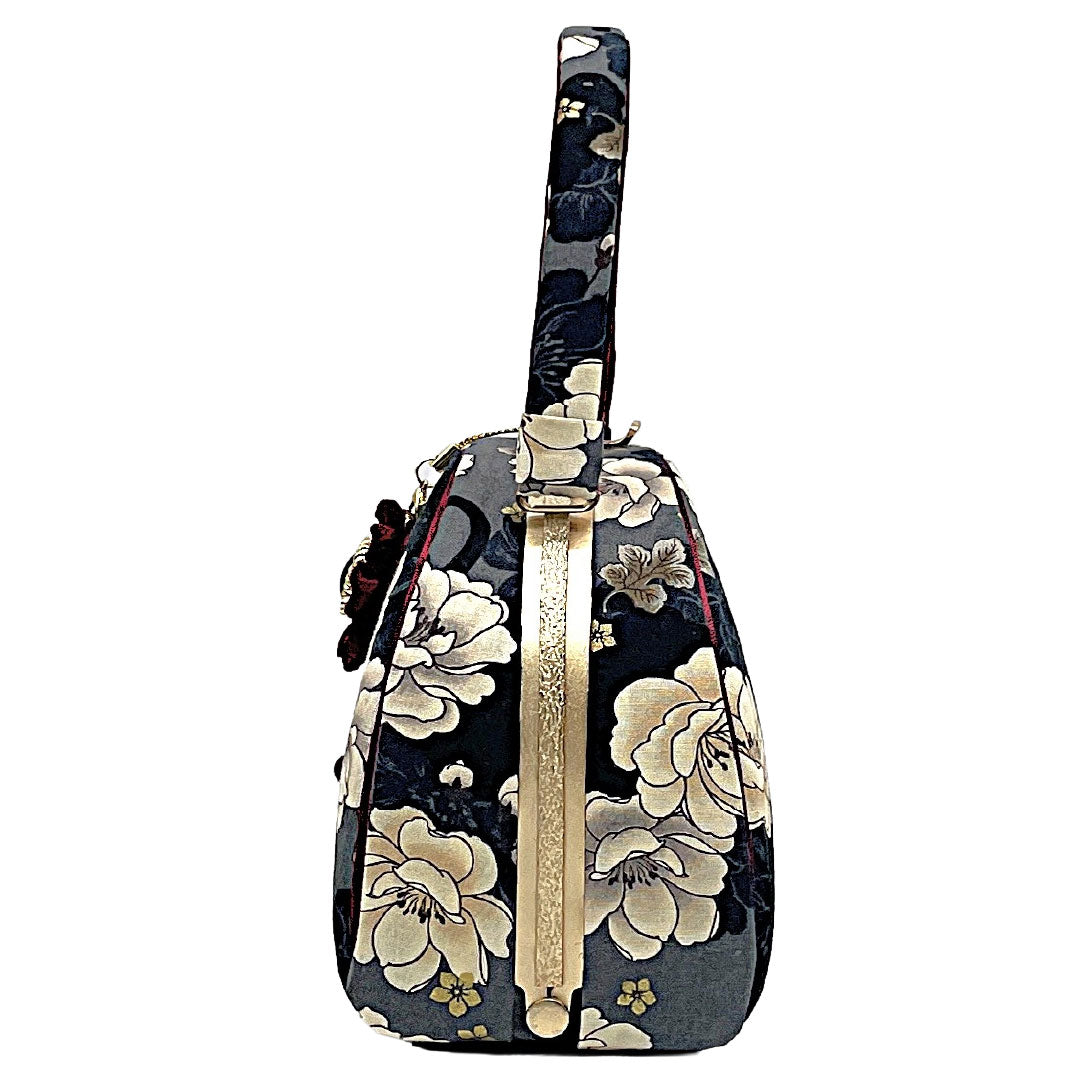 和装バッグ カジュアル NEWランク 素鼠色(すねずいろ) 花柄 黒猫 レトロ グレー系 113900136122