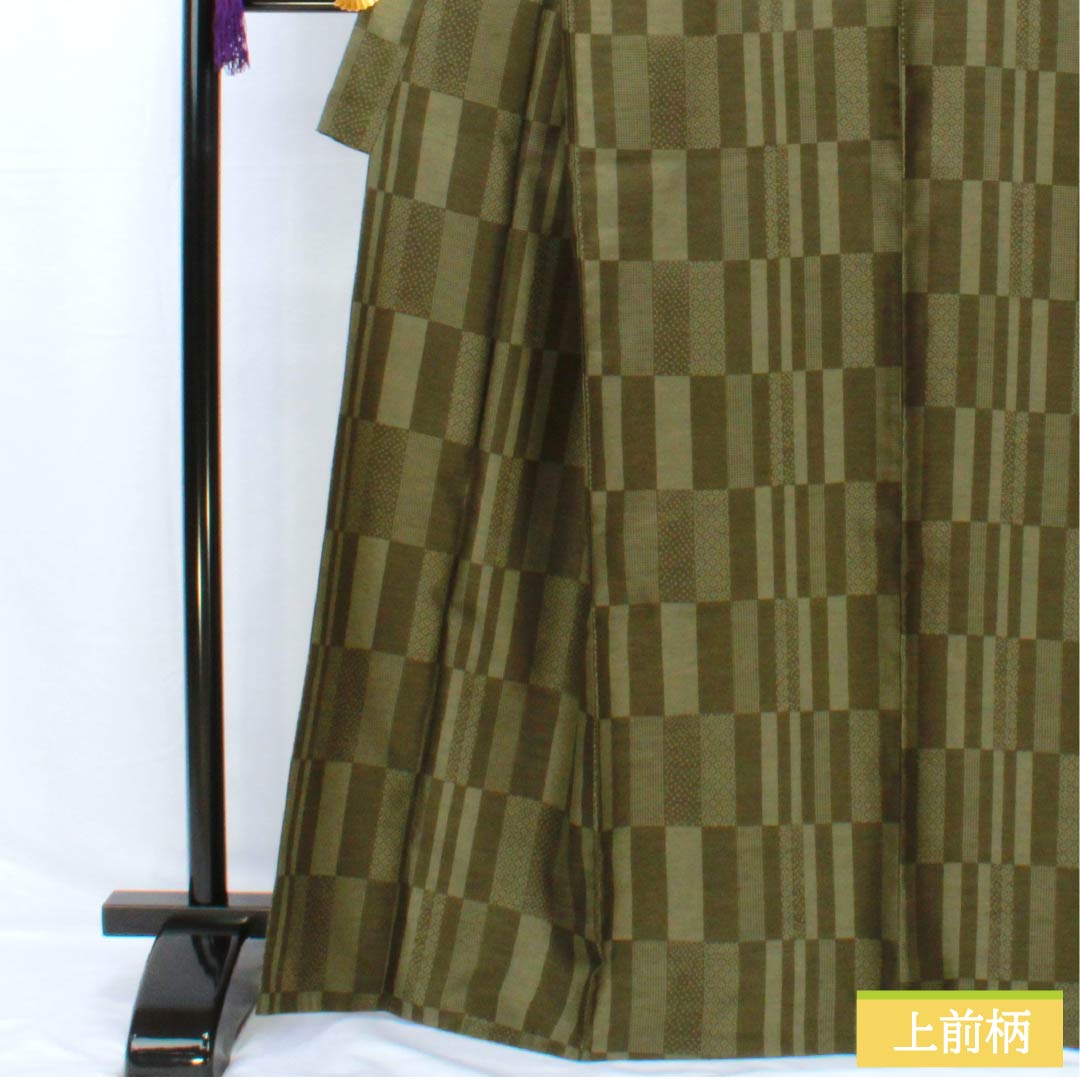 小紋 ポリエステル 身丈167cm 裄丈67.5cm 袷 藍海松茶色(あいみるちゃいろ) 洗える着物 裂取り Aランク 緑系 1115005263519