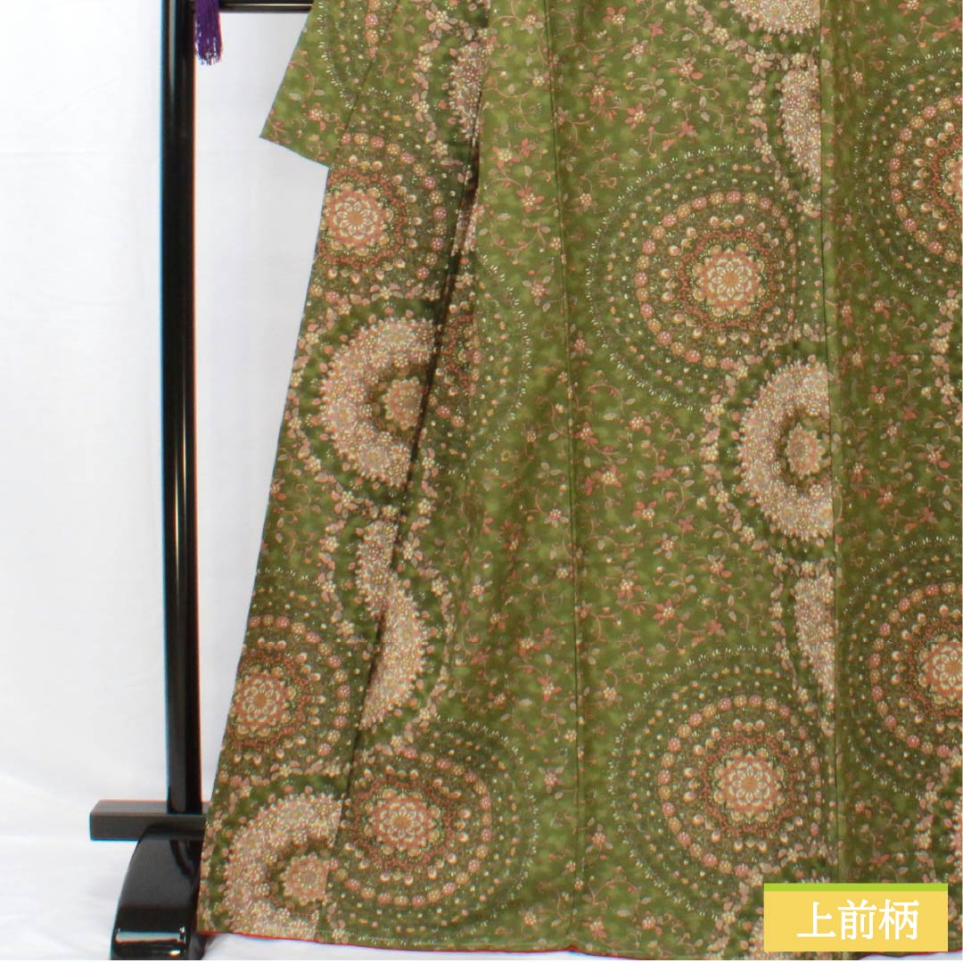 小紋 ポリエステル 身丈170cm 裄丈65cm 袷 青丹色(あおにいろ) 洗える着物 ペルシャ模様 胴抜き しつけ糸付き Sランク 緑系 1115005252619