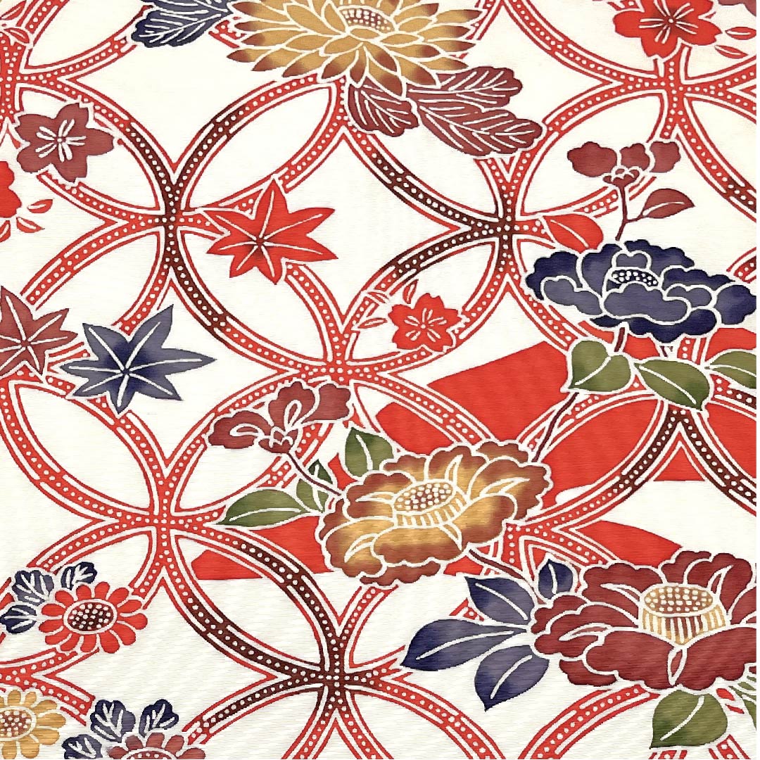 名古屋帯 緋色 七宝つなぎ 花柄 帯丈383cm 正絹 Sランク ポイント柄 カジュアル 朱系 1124004512316 名古屋仕立て