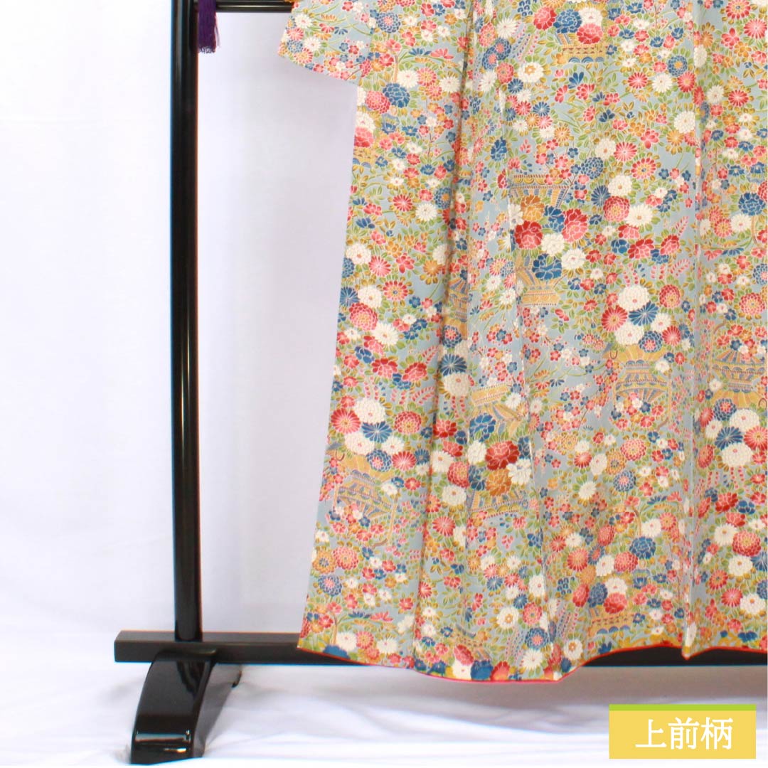 小紋 正絹 身丈156.5cm 裄丈64cm 袷 砧青磁色(きぬたせいじいろ) 花籠 Sランク 水色系 1115005792324