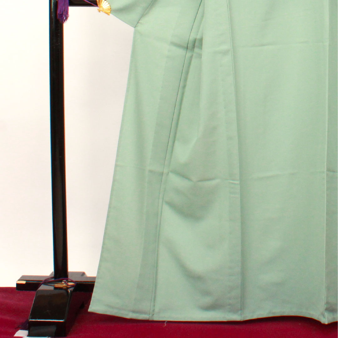 色無地 ポリエステル 錆青磁色 洗える着物 素無地 組み井桁 身丈166cm 裄丈68cm 袷 Aランク 緑系 1114000773519