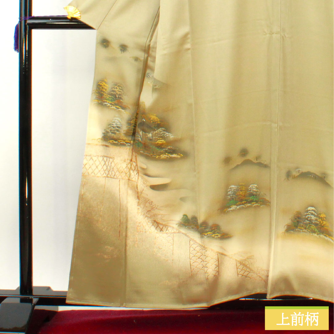 色留袖 正絹 身丈159cm 裄丈68cm 袷 亜麻色(あまいろ) 京友禅 風景模様 一つ紋 剣片喰 しつけ糸付き 未使用品 Sランク ベージュ系 1111001352325