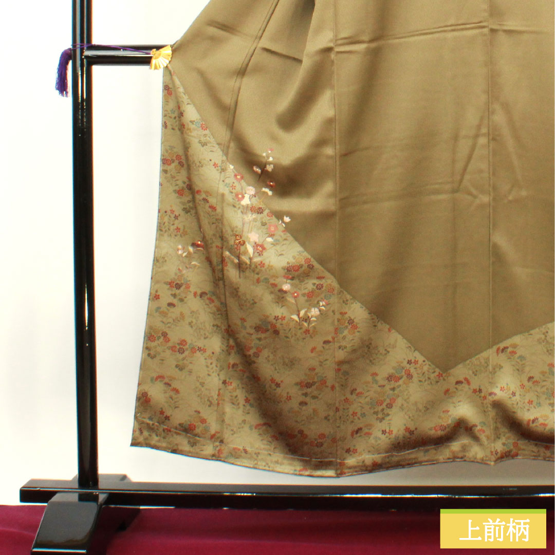 訪問着 正絹 袷 身丈154cm 裄丈63cm 媚茶色(こびちゃいろ) 草花模様 しつけ糸付き Aランク 緑系 1112004523219