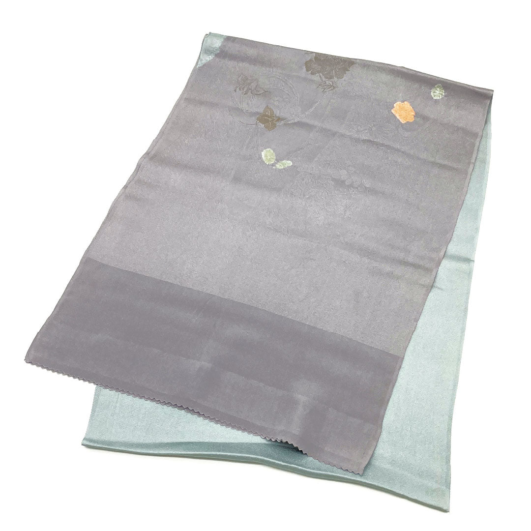 Semi-formal obiage (sash) made of pure silk, grade A, in dull purple with a classic two-tone floral pattern. Approximately 184cm long, 32cm wide, gray tones. Product code: 1136001583922