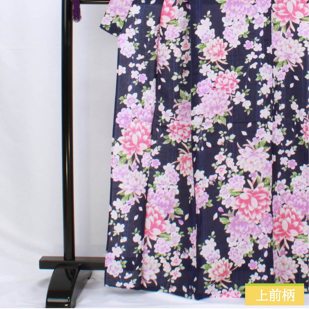 浴衣 木綿 身丈166.5cm 裄丈60cm Sランク 単衣 紺系 緋紺色(ひこんいろ) ダリア ラメ 1118006192518