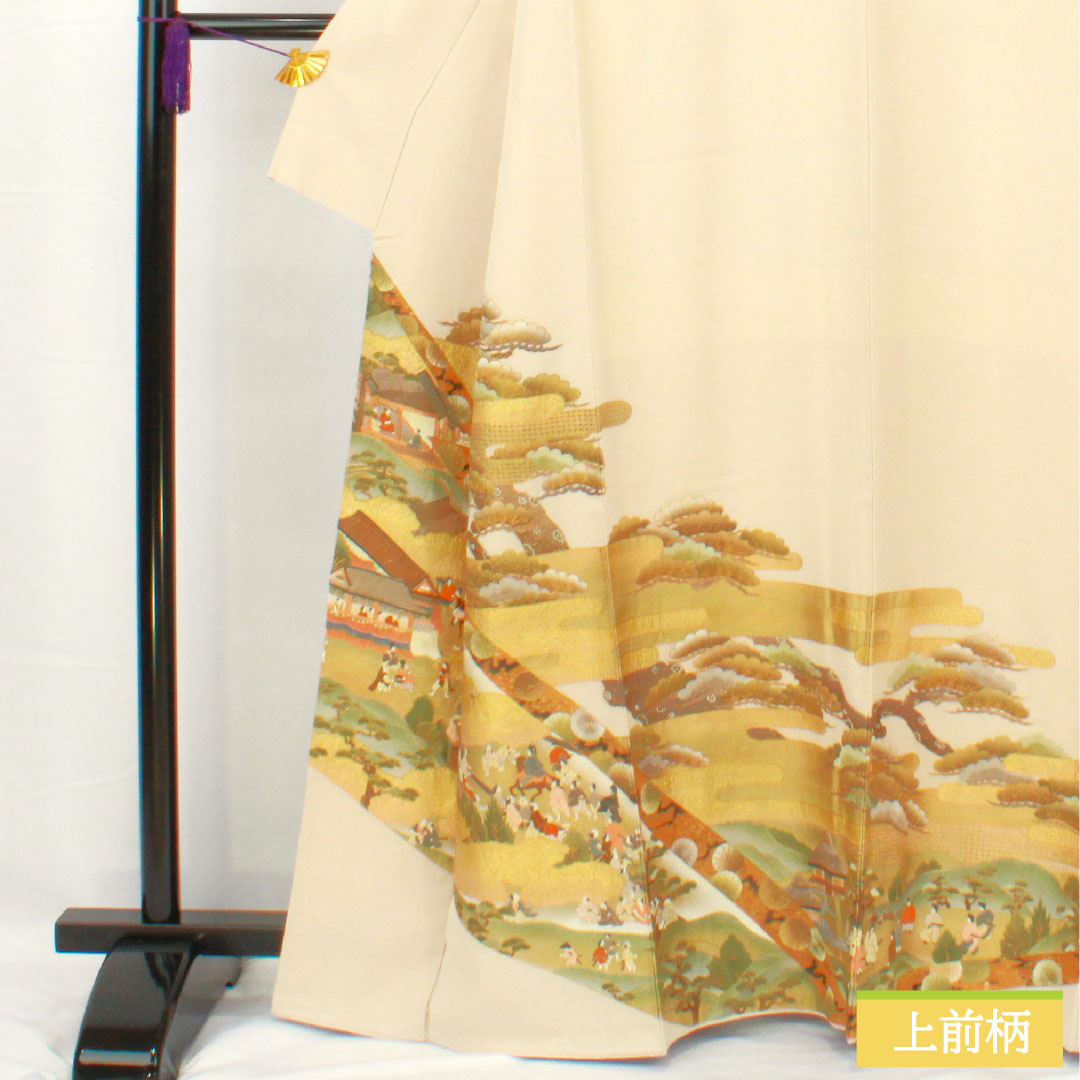色留袖 正絹 身丈163cm 裄丈64cm 袷 白練色(しろねりいろ) 京友禅 刺繍 時代人物風景模様 一つ紋 三つ柏 パールトーン加工 Aランク ベージュ系 1111001493425