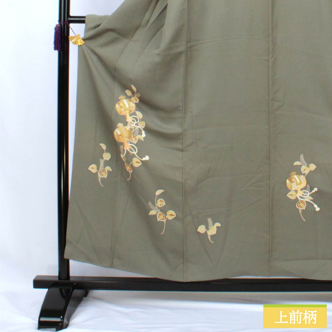 訪問着 正絹 Sランク 袷 身丈155cm 裄丈62.5cm 利休鼠色(りきゅうねずみいろ) 京友禅 付下げ 葵 小槌 スーパー鈴ガード 緑系 1112007212319