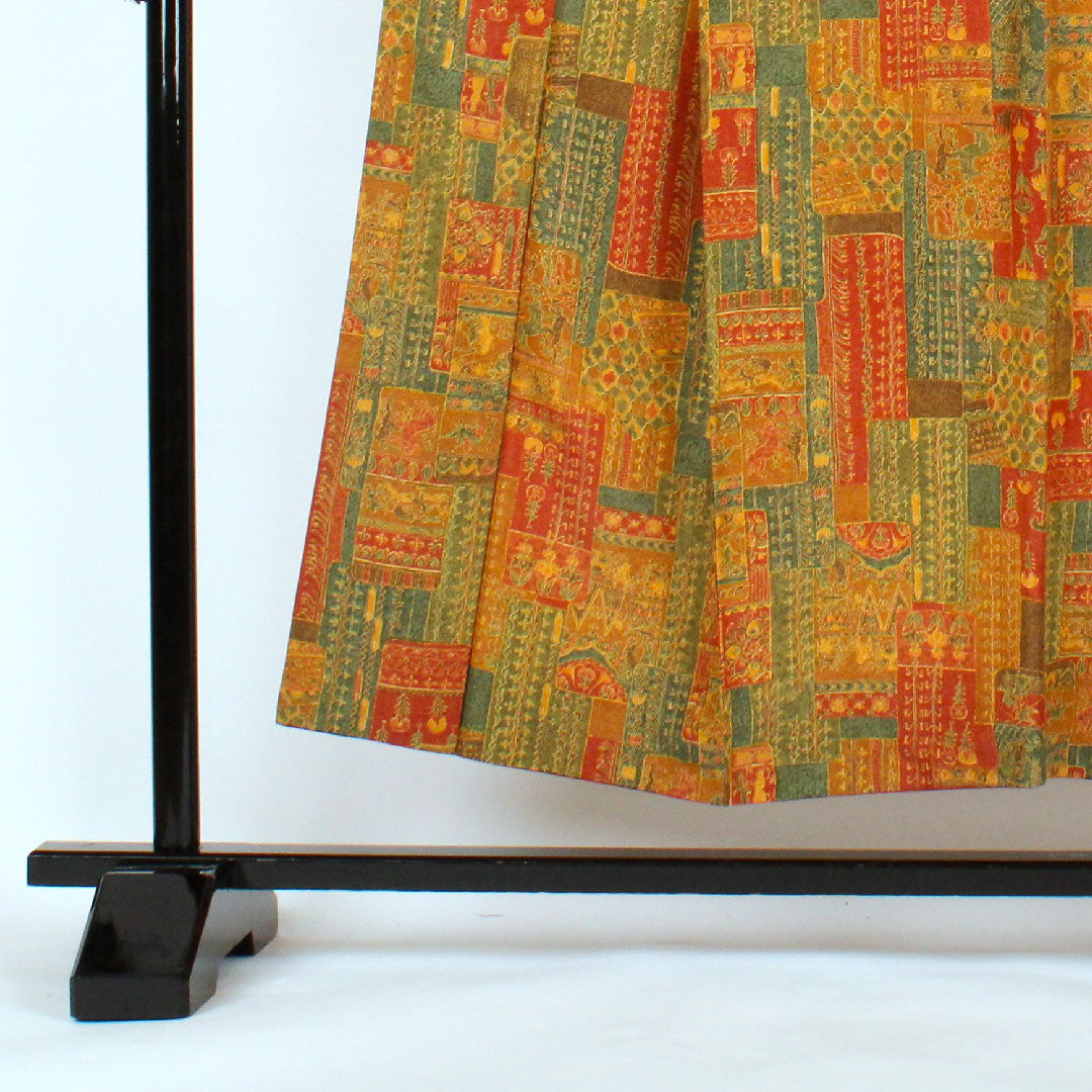 小紋 身丈152cm 裄丈64cm 袷 更紗柄 正絹 Aランク 茶系 1115000083214