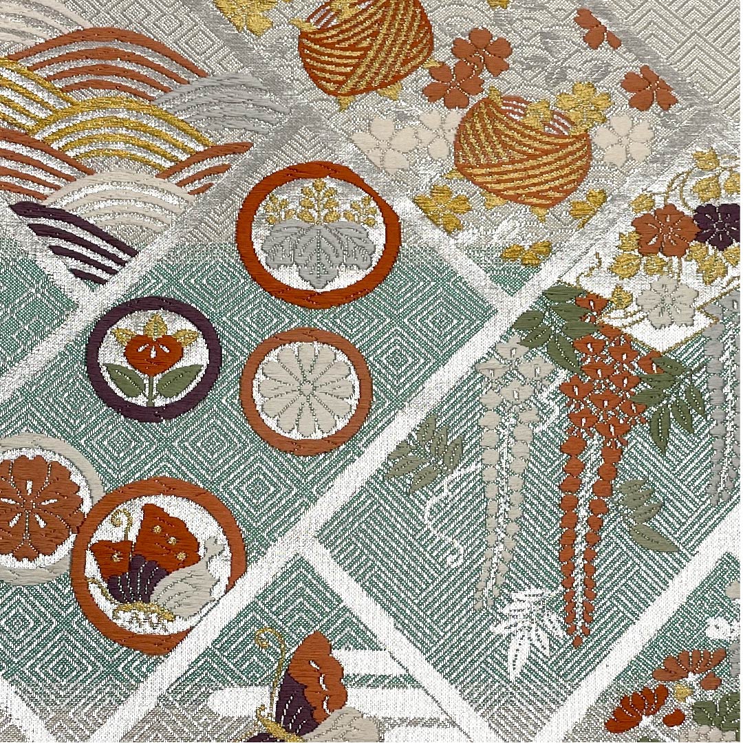 (未仕立)袋帯 銀色 扇面 青海波 花模様 帯丈439cm 正絹 Sランク 六通 フォーマル 銀系 1123005952322