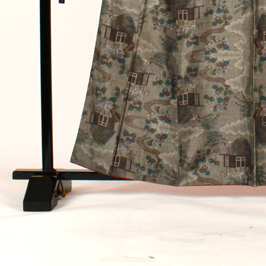 大島紬 身丈161cm 裄丈64cm 経緯絣 風景模様 正絹 Sランク 袷 茶系 1116001232414