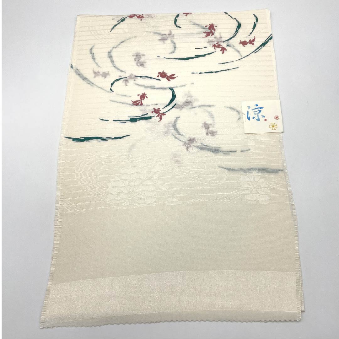 (新品)帯揚げ 正絹 セミフォーマル 乳白色(にゅうはくしょく) 夏物 金魚 古典柄 長さ約168cm 幅約27.5cm NEWランク 白系 1136000871911