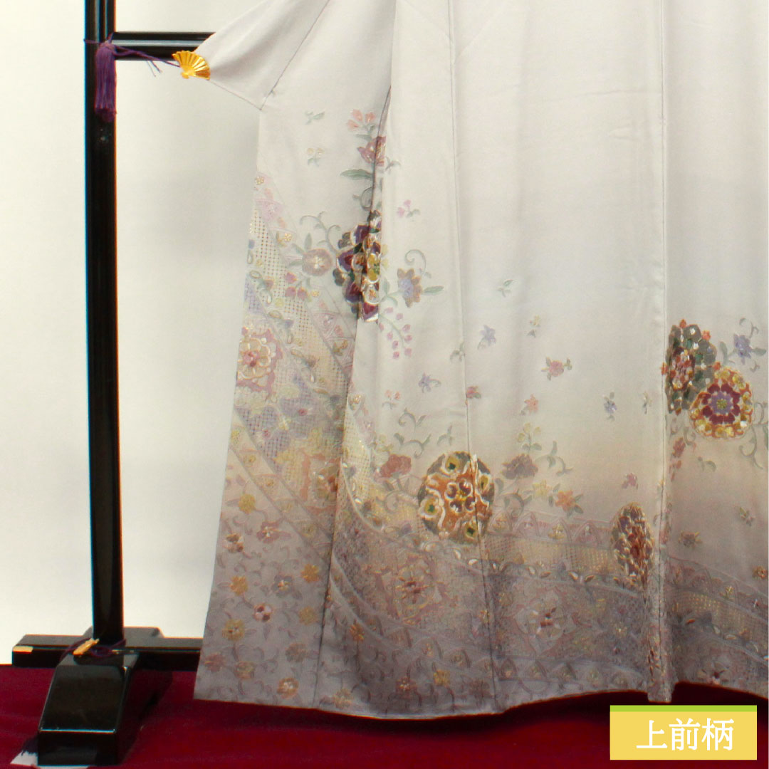 訪問着 正絹 袷 身丈161.5cm 裄丈65cm 銀灰色 蘇州刺繡 汕頭刺繡 作家物 Sランク グレー系 1112003342422