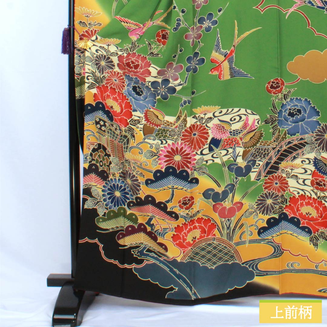 振袖 正絹 Aランク 身丈164.5cm 裄丈69cm 袷 松葉色(まつばいろ) 京紅型 吉祥文様 牡丹 菊 松 緑系 1113002363419