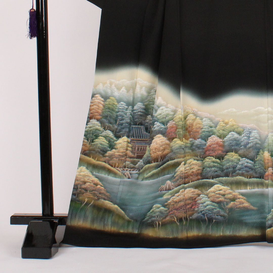 黒留袖 身丈167cm 裄丈68cm 袷 風景画 作家物 正絹 Aランク 五つ紋 黒系 1111000083510