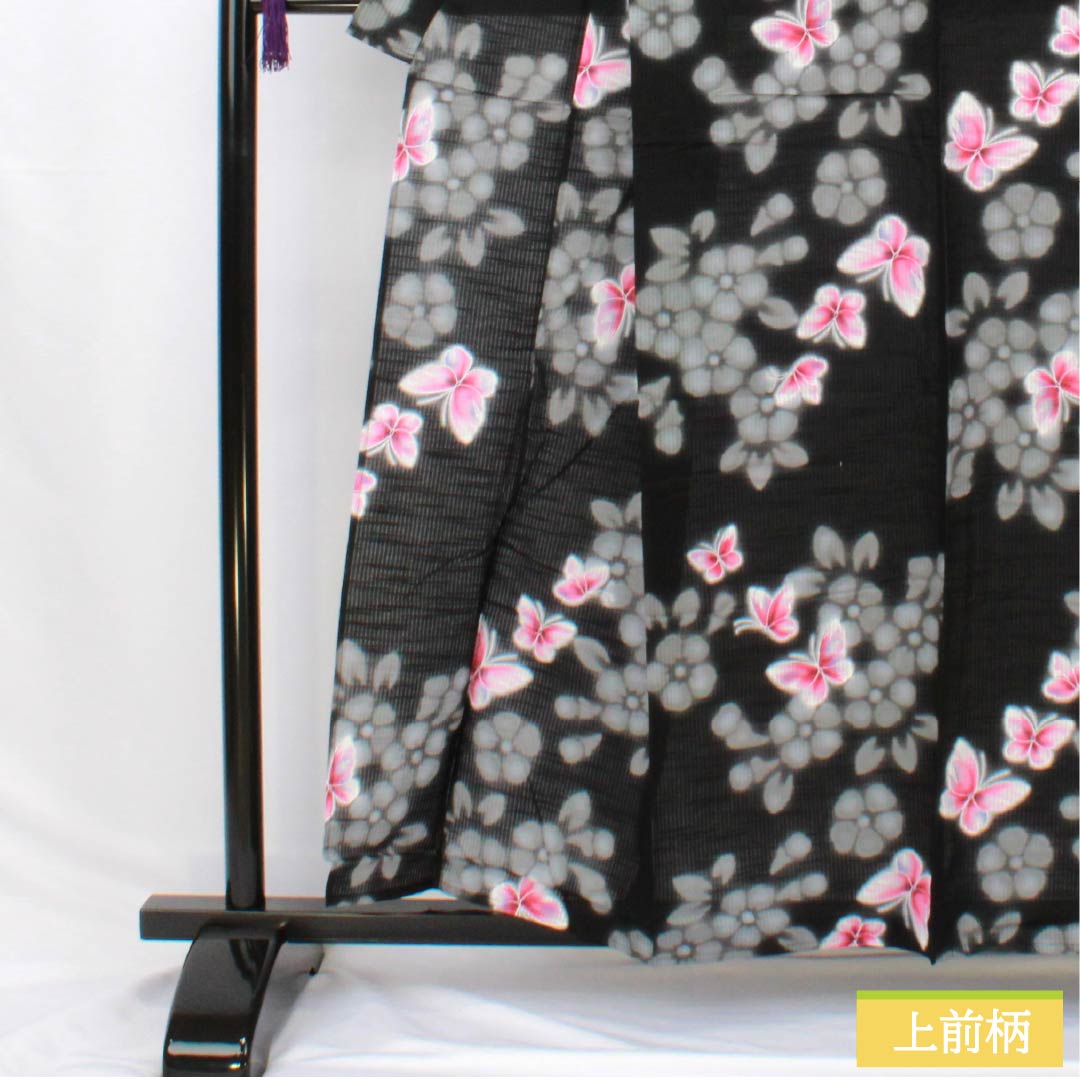 浴衣 木綿 身丈158.5cm 裄丈64.5cm Sランク 単衣 黒系 蝶 花 1118006152310