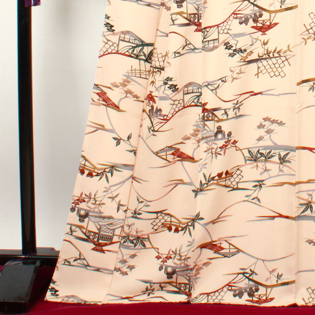 小紋 身丈165.5cm 裄丈66cm 袷 洗柿色 型染 風景模様 正絹 Aランク ピンク系 1115002093513