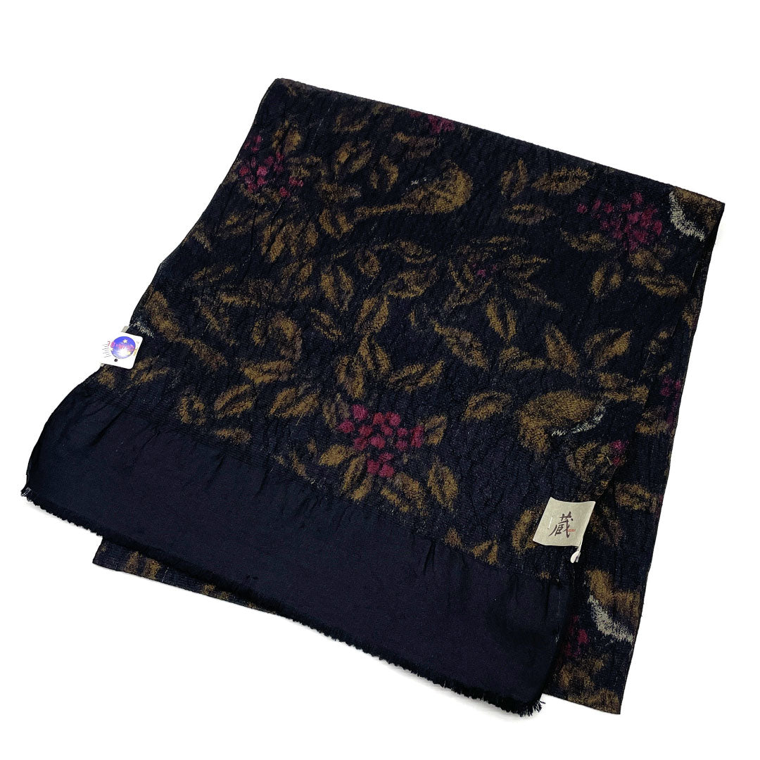 (新古品)帯揚げ 正絹 Sランク カジュアル 黒色(くろいろ) 植物模様 長さ約160cm 幅約35cm 黒系 1136001762910