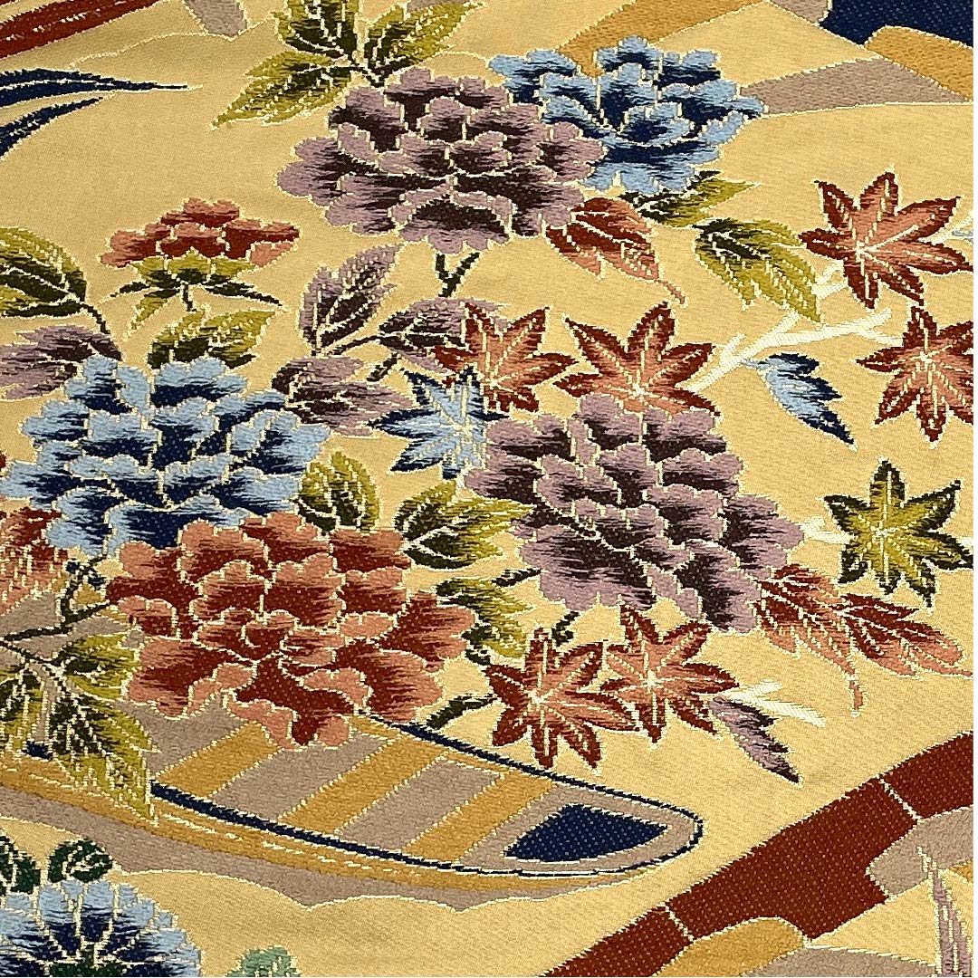 袋帯 山吹鼠色(やまぶきねずいろ) 白綾苑大庭 花柄 帯丈428cm 正絹 Sランク 六通 フォーマル 茶系 1123009472314