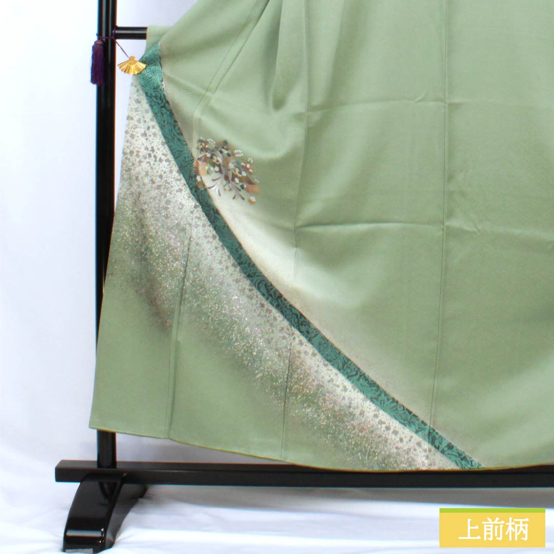 訪問着 正絹 Aランク 袷 身丈155cm 裄丈58.5cm 裏葉色(うらはいろ) 螺鈿煌彩 金彩加工 吉祥文様 丹後ちりめん 八丁水撚り 緑系 1112007423319