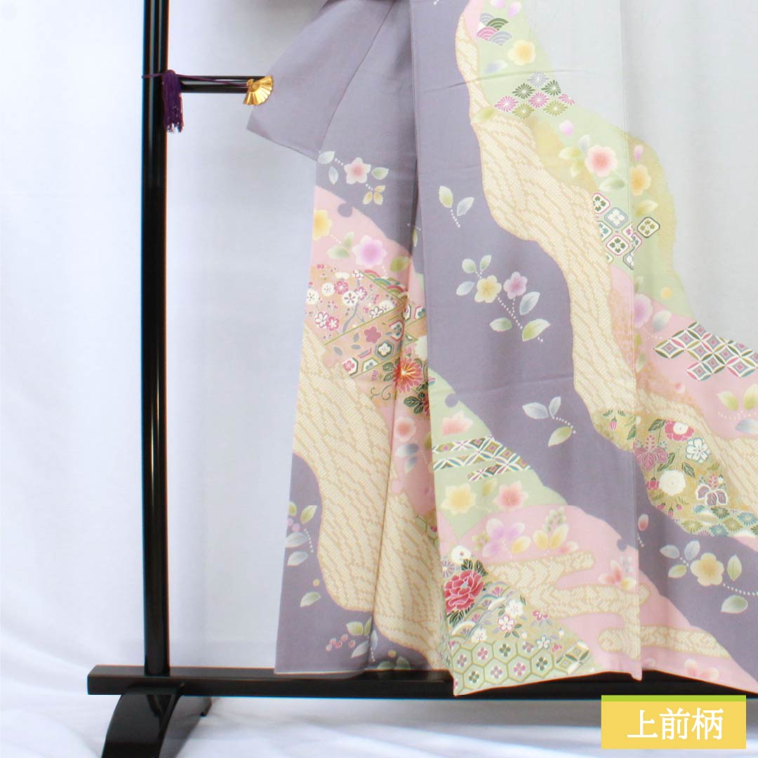 訪問着 正絹 Sランク 袷 身丈155cm 裄丈66cm 薄鼠色(うすねずいろ) 貴族鼠色(きぞくねずいろ) 京友禅 草花 グレー系 1112006312322