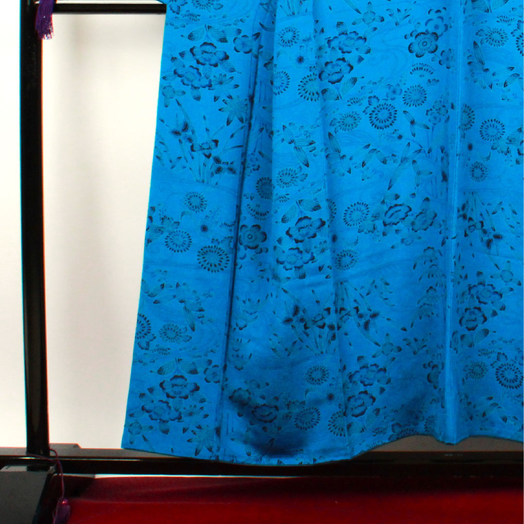 小紋 身丈155cm 裄丈64.5cm 袷 紺碧色 京紅型 草花模様 正絹 Sランク 青系 1115002182317