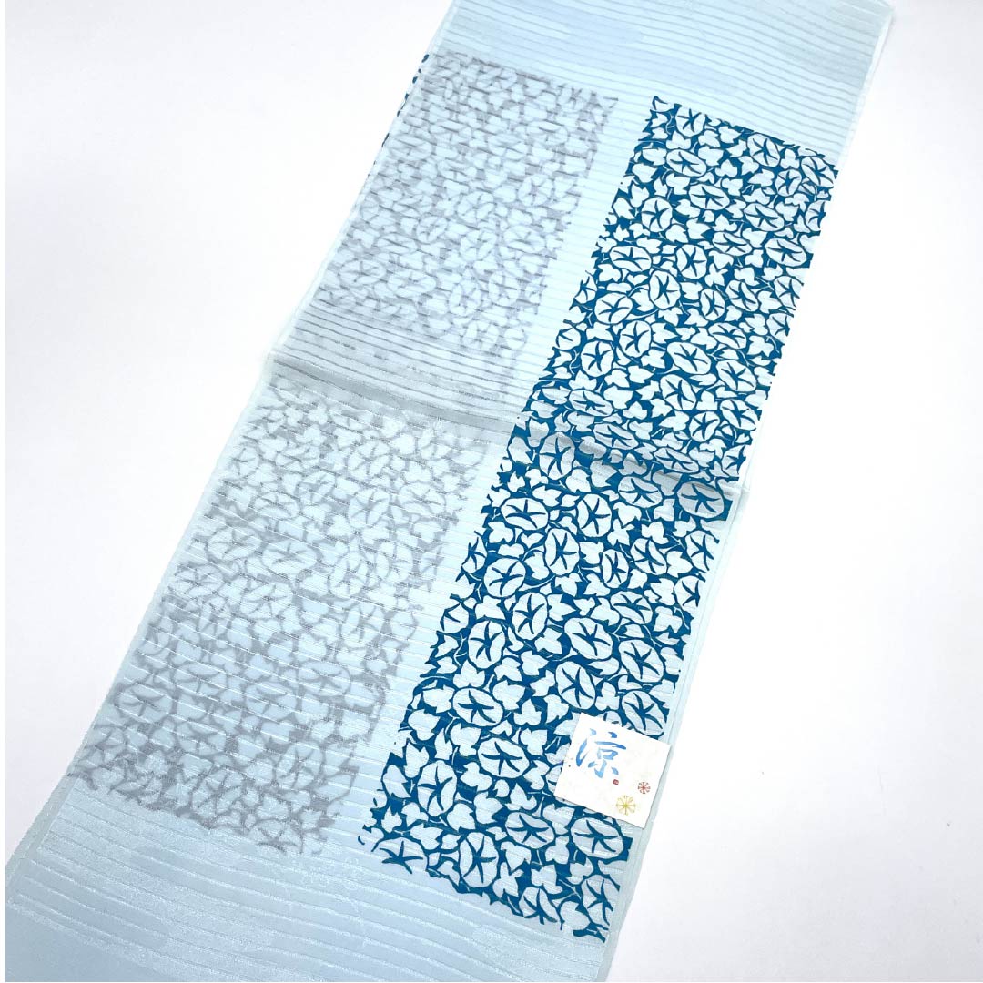 (New) Obiage, pure silk, semi-formal, indigo white, summer, morning glory, length 174cm, width 29cm, new rank, light blue, 1136000761924