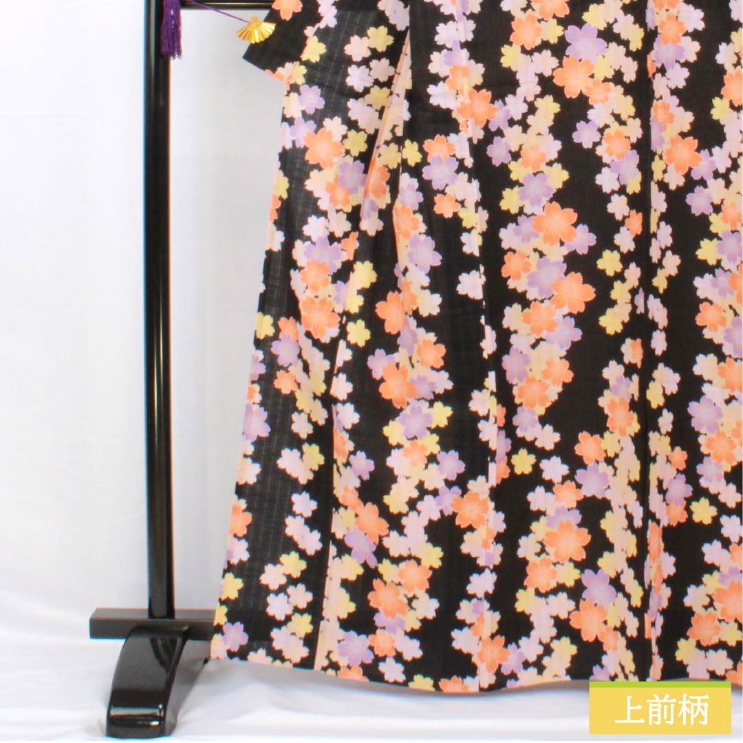 浴衣 木綿 身丈163.5cm 裄丈66.5cm Aランク 単衣 黒系 EASTBOY 桜 1118005323410