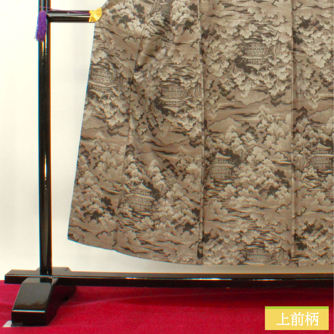 紬 正絹 身丈152cm 裄丈65cm 村山大島 風景模様 Sランク 袷 黒系 1116003382210