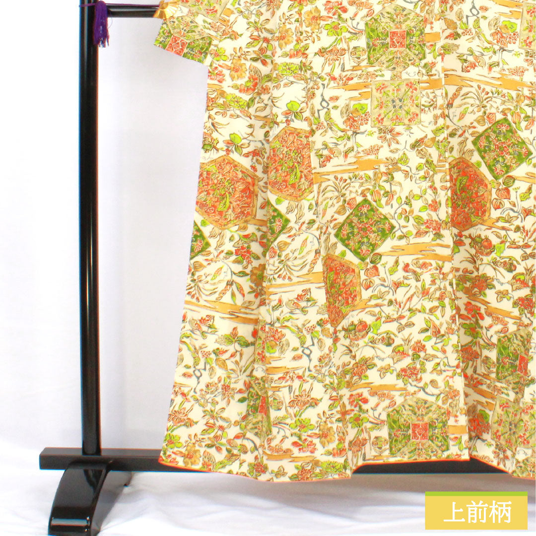 小紋 ポリエステル 身丈156cm 裄丈63cm 袷 乳白色(にゅうはくしょく) 更紗調 洗える着物 Aランク クリーム系 1115004503315