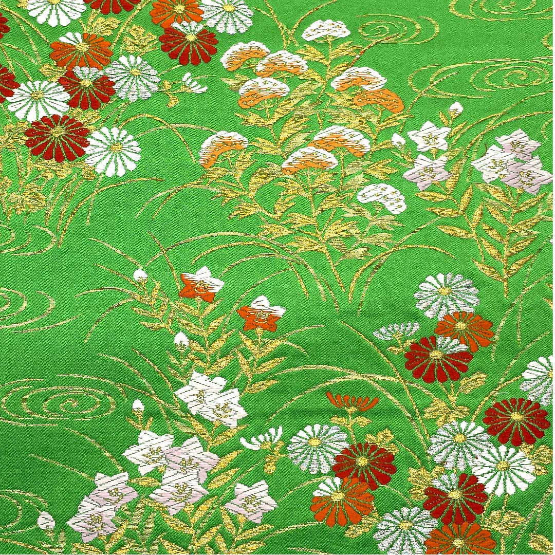 袋帯 薄青色(うすあおいろ) 観世流水 桔梗 菊 松 帯丈432cm 正絹 Sランク 六通 フォーマル 緑系 1123007012319