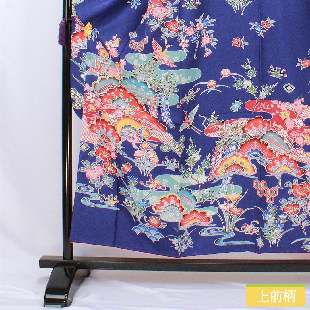 振袖 正絹 Aランク 身丈154.5cm 裄丈65cm 袷 青紫色(あおむらさきいろ) 京紅型 吉祥文様 松 藤 菖蒲 青系 1113002383217