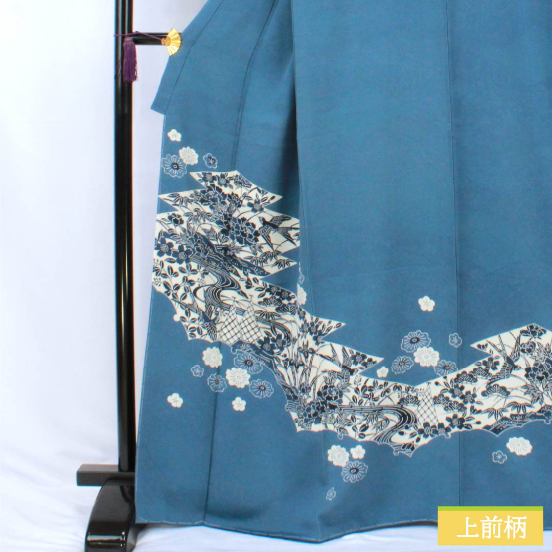 訪問着 正絹 Sランク 袷 身丈166.5cm 裄丈69cm 裏色(うらいろ) 藍型 浜ちりめん 風景模様 しつけ糸付き ソフトガード加工 青系 1112007692517