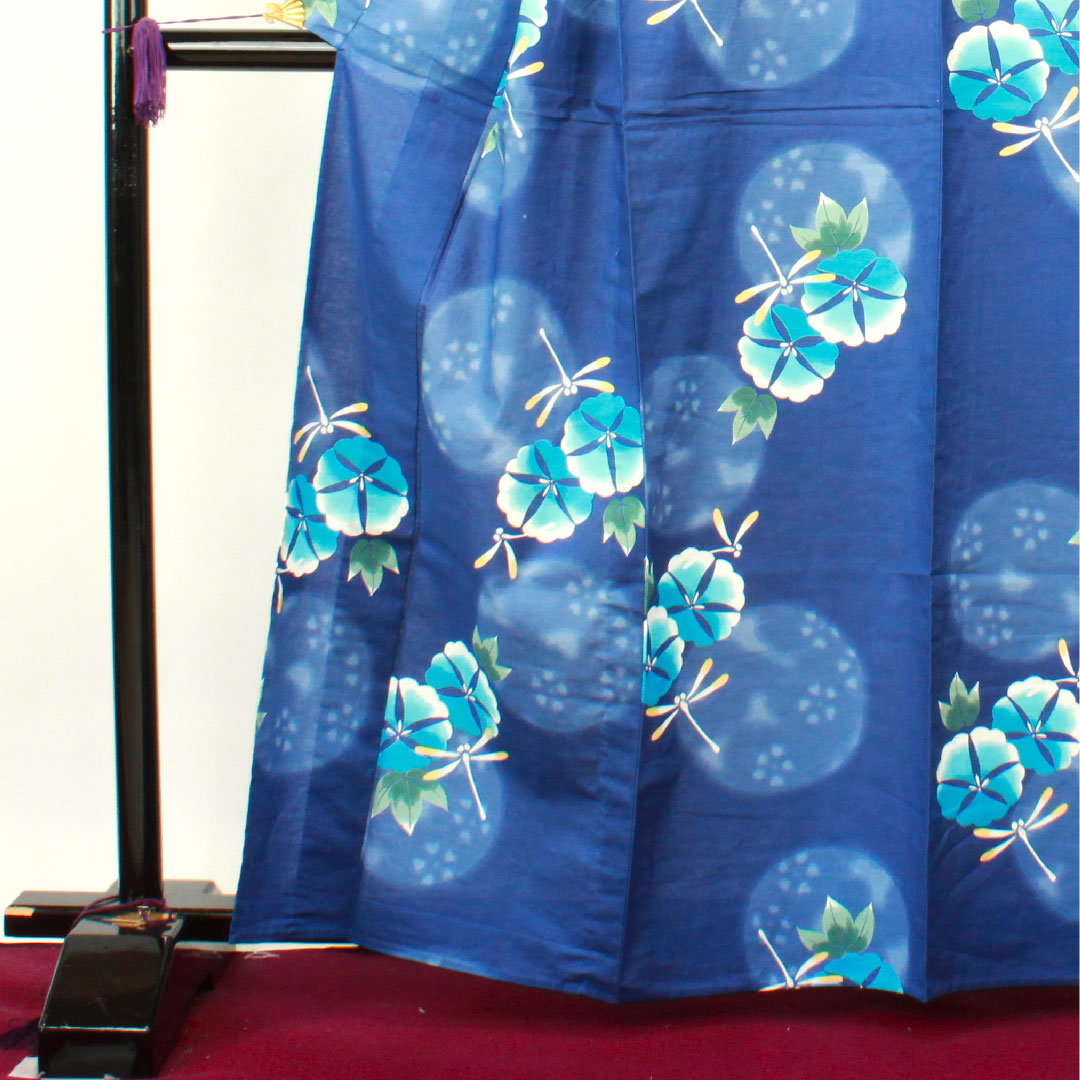 浴衣 しつけ糸付き 未使用品 紺瑠璃色 トンボ 朝顔 木綿 Sランク 単衣 身丈163.5cm 裄丈67.5cm 紺系 1118002202418