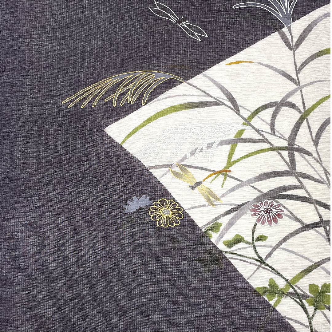 名古屋帯 藤煤竹色 夏帯 紗 とんぼ すすき 染帯 帯丈374.5cm 正絹 Sランク ポイント柄 セミフォーマル グレー系 1124004162322 名古屋仕立て