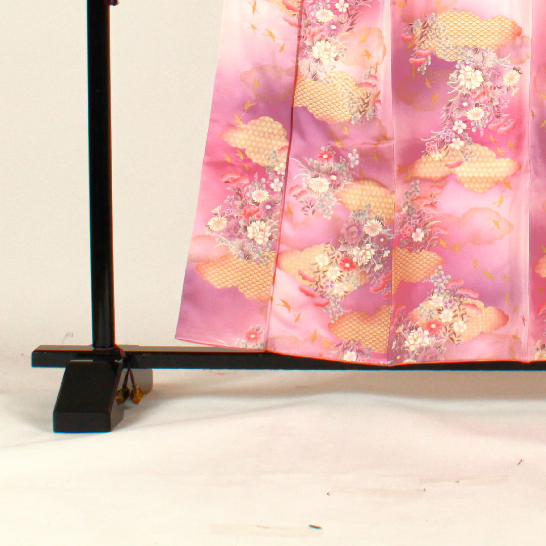 小紋 身丈158cm 裄丈65cm 袷 洗える着物 雲取り 草花模様 ポリ Aランク 紫系 1115001623320