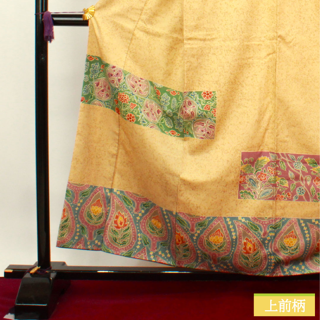 訪問着 正絹 袷 身丈158cm 裄丈65cm 胡桃色 紬地 更紗模様 しつけ糸付き Sランク 黄系 1112003322323