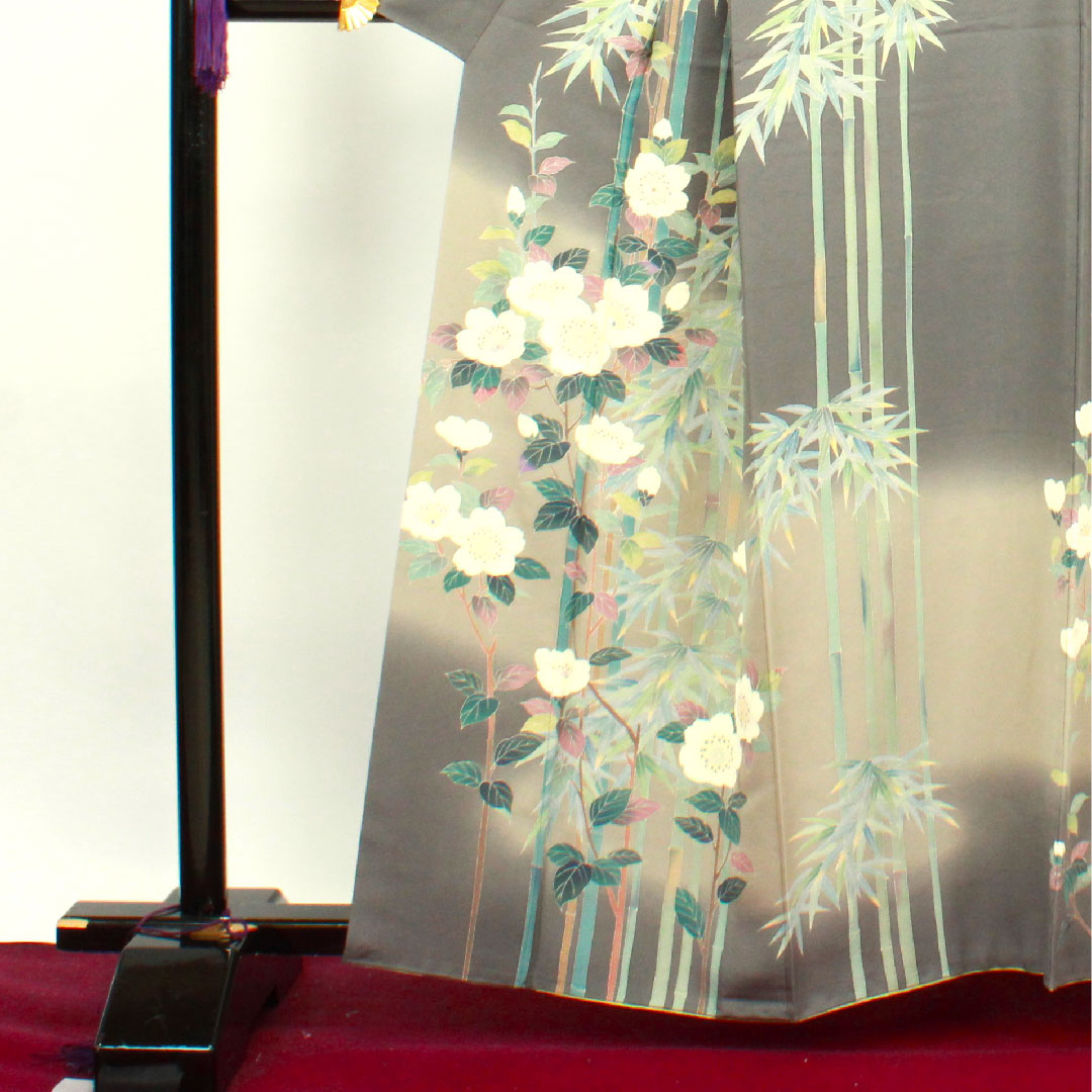 訪問着 袷 身丈160cm 裄丈63cm 素鼠色 作家物 加賀草木染 竹 梅 正絹 Aランク グレー系 1112002673422