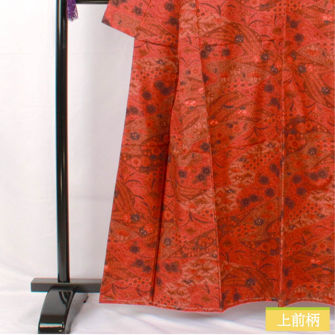 小紋 正絹 身丈161cm 裄丈67cm 袷 濃紅葉色(こいもみじいろ) 辻ヶ花 しつけ糸付き Sランク 朱系 1115005302416