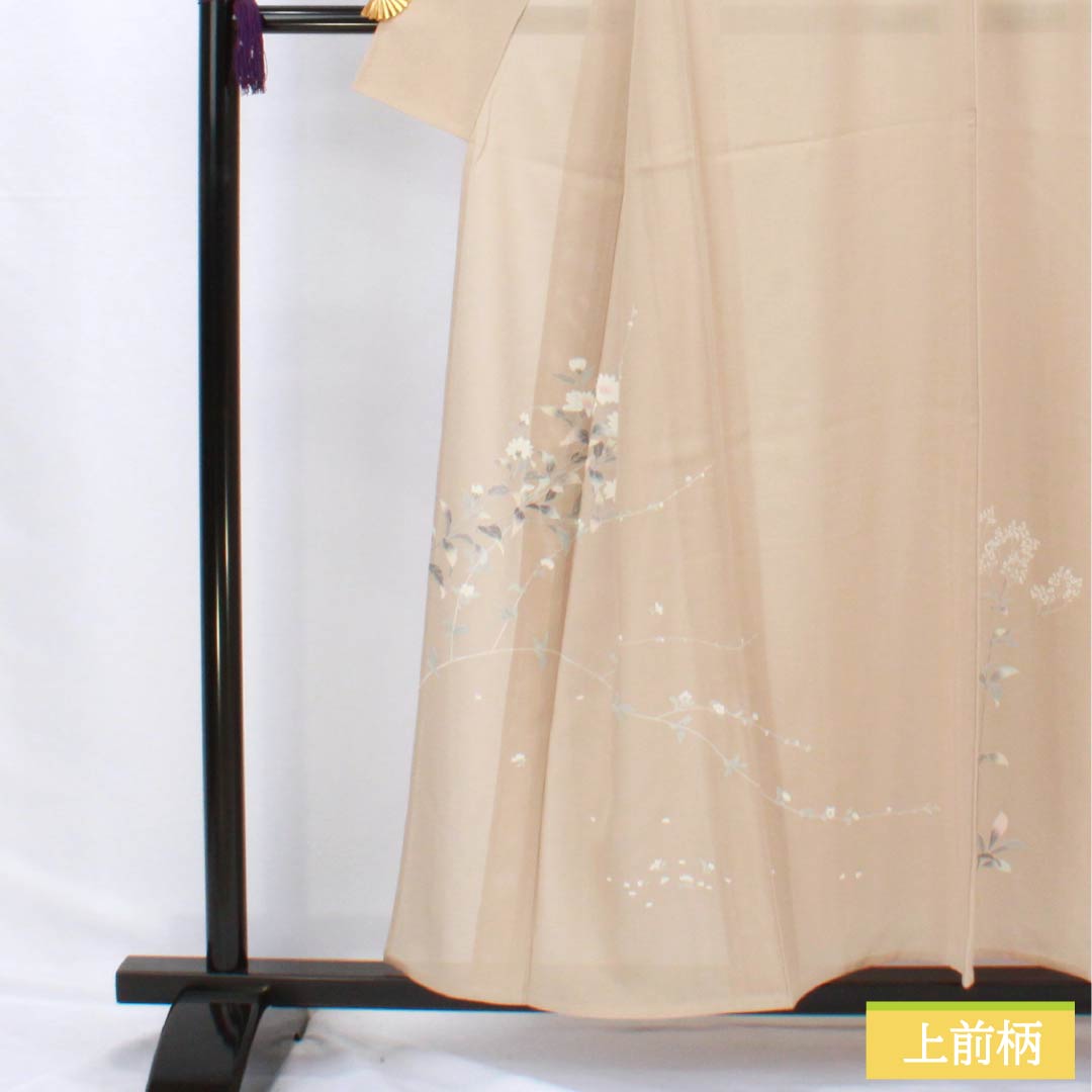 夏物 正絹 訪問着 身丈157cm 裄丈63cm 薄香色(うすこういろ) 草花模様 京友禅 絽 Sランク ベージュ系 1132002752325