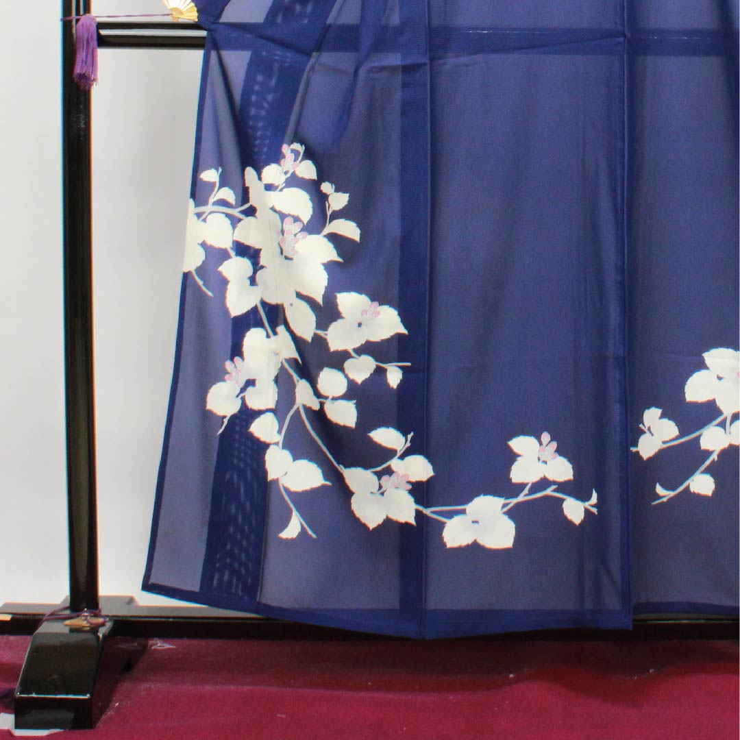 夏物 正絹 訪問着 身丈158cm 裄丈64cm 濃紺色(のうこんいろ)花模様 絽 Sランク 紺系 1132000122318