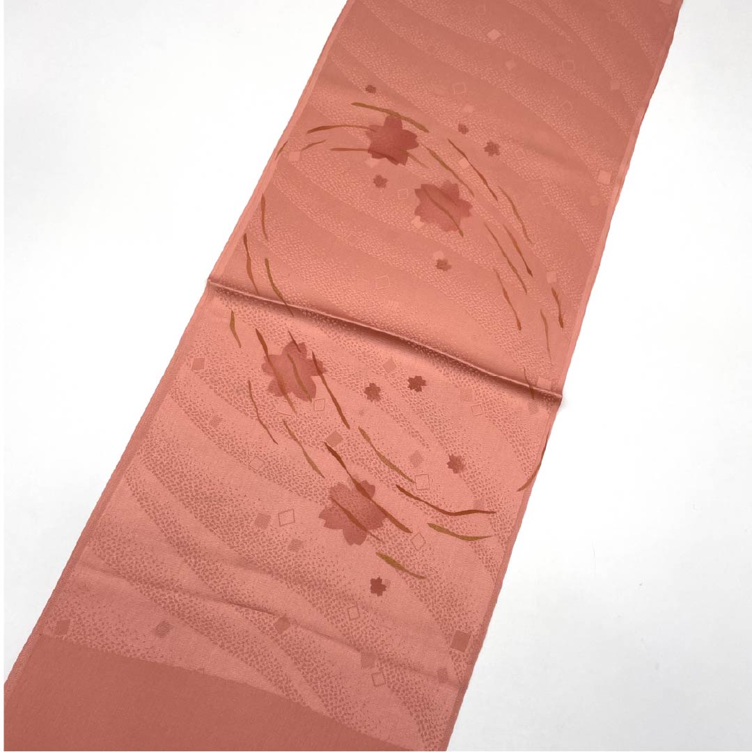 (New old stock) Formal obiage, pure silk, coral color, cherry blossom, new old stock, length 168cm, width 29cm, S rank, pink, 1136000182913