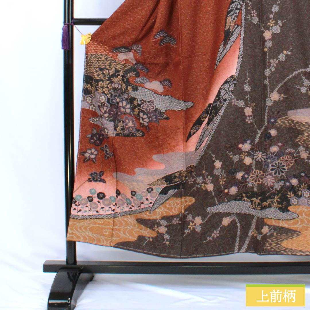 訪問着 正絹 Sランク 袷 身丈153cm 裄丈63cm 消炭色(けしずみいろ) 朱殷色(しゅあんいろ) 京友禅 絞り 銀通し 古典柄 マルチカラー 1112007702228