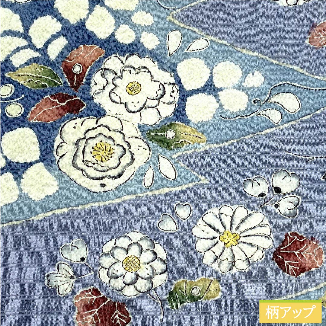 名古屋帯 青袋鼠色(せいたいねずいろ)辻ヶ花 松皮菱 ちりめん地 帯丈364cm 正絹 Aランク ポイント柄 カジュアル 青系 1124006223317 開き仕立て