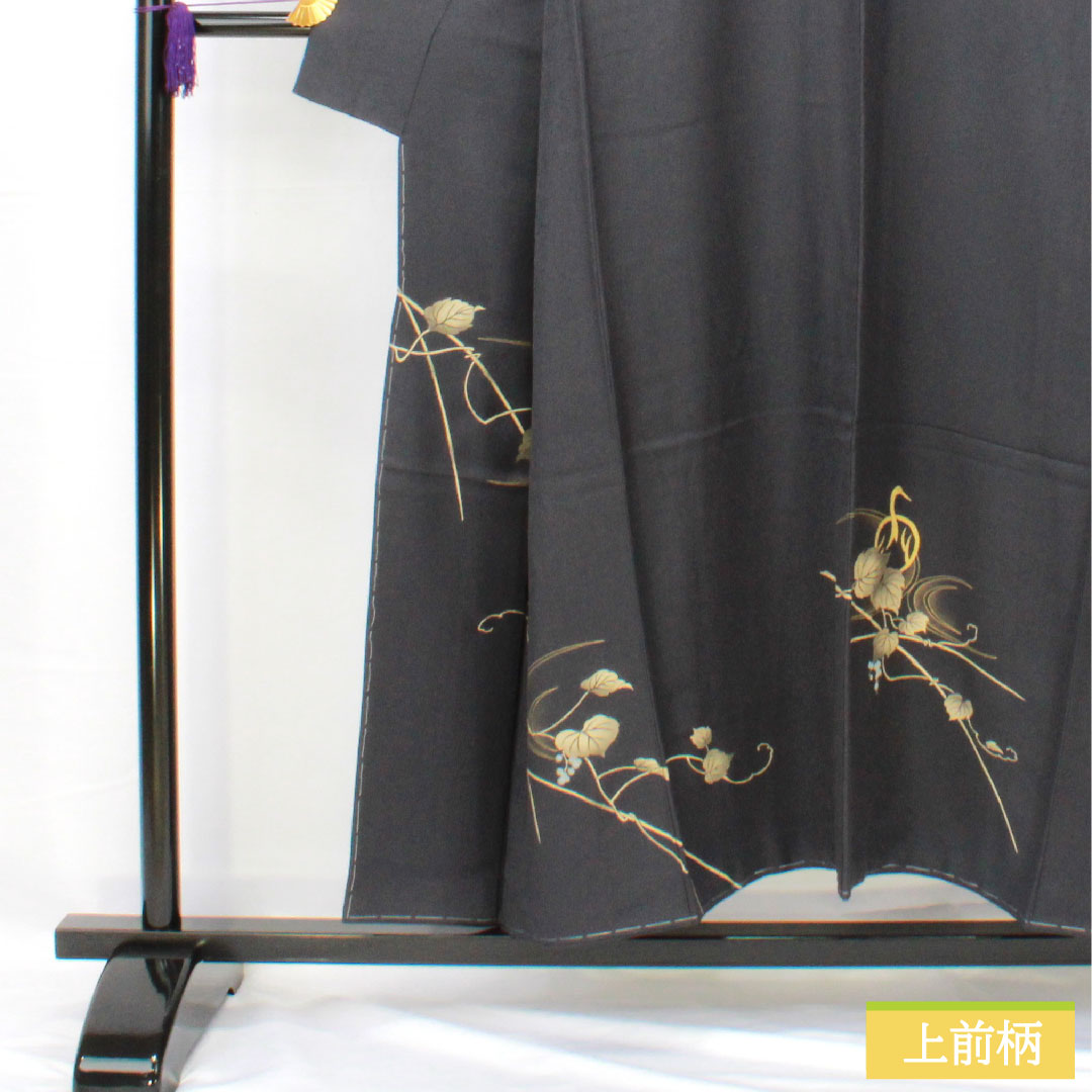 訪問着 正絹 袷 身丈150cm 裄丈62cm 黝色(ゆうしょく) 京友禅 鶴 草花模様 しつけ糸付き 未使用品 Sランク 黒系 1112005532110